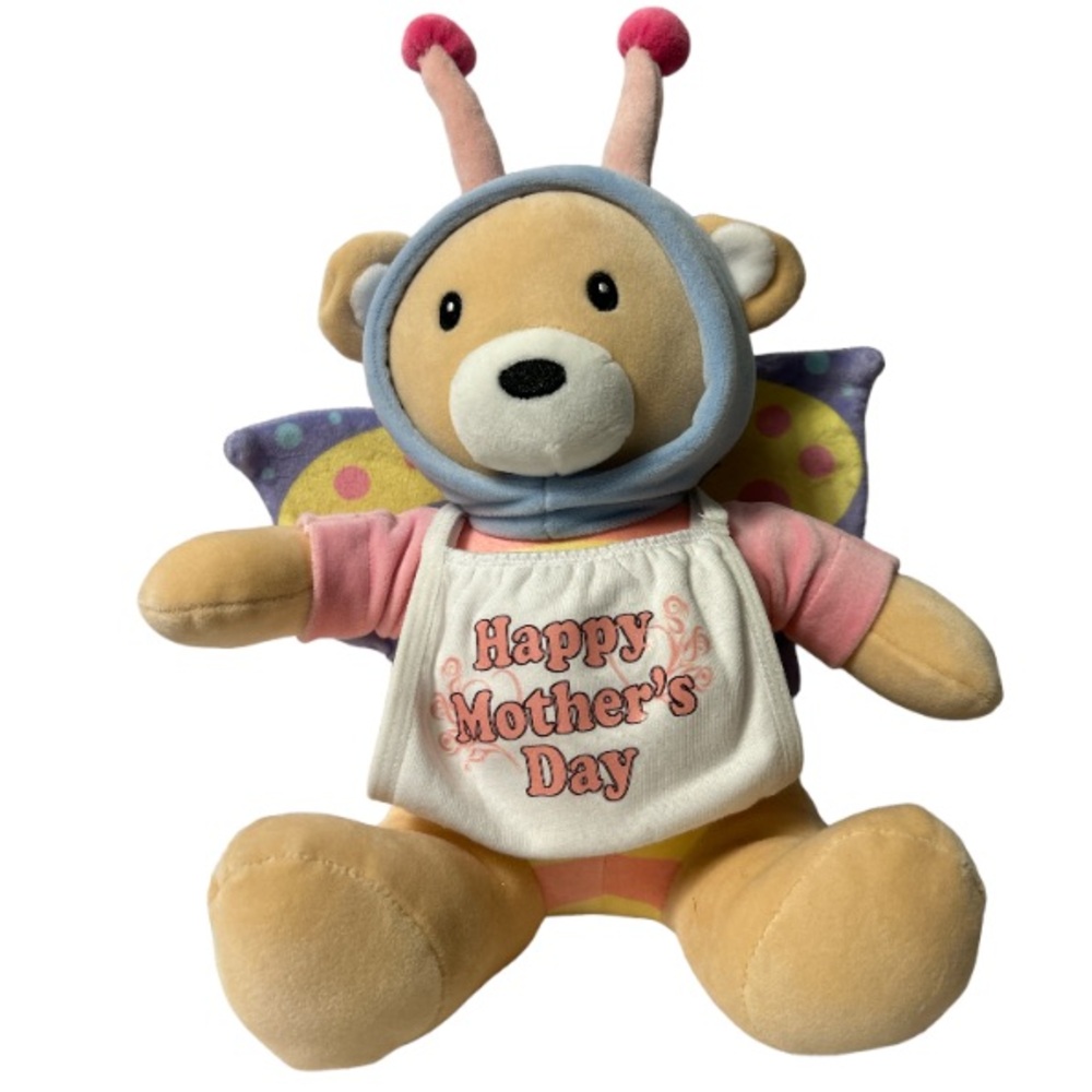 Kaisiyang Plush Bear With Butterfly Wings. 9” White Happy Mother’s Day Bib NWOT